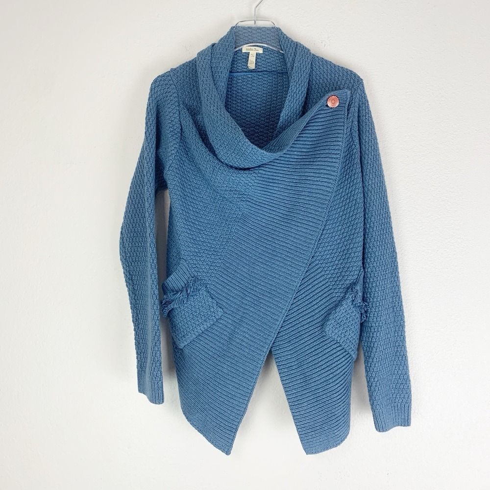 Matilda Jane Envision This Women Wrap Cardigan Sweater Large Fringe Trim Blue L